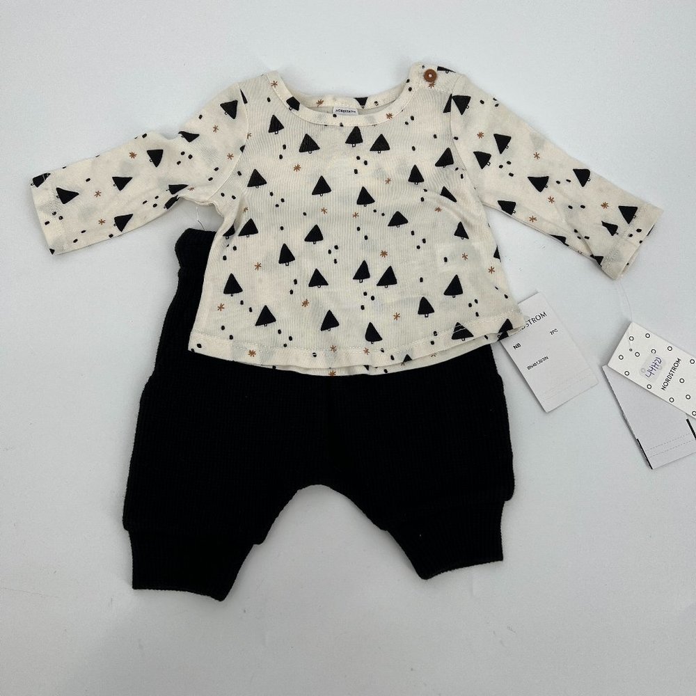 Nordstrom Babies Trees 2-Piece L/S T-Shirt and Pants Set Ivory and Black NB NWT